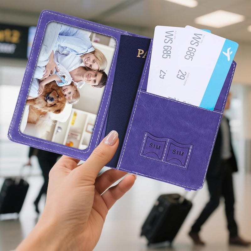 RHOttbiy Passport Holder for Travel, RFID Blocking Passport Cover with Pen Holder Leather Passport Wallet Case Travel Must Haves Accessories Passport Book Card Holder for Family Travel Essentials, Dark Purple - Image 2